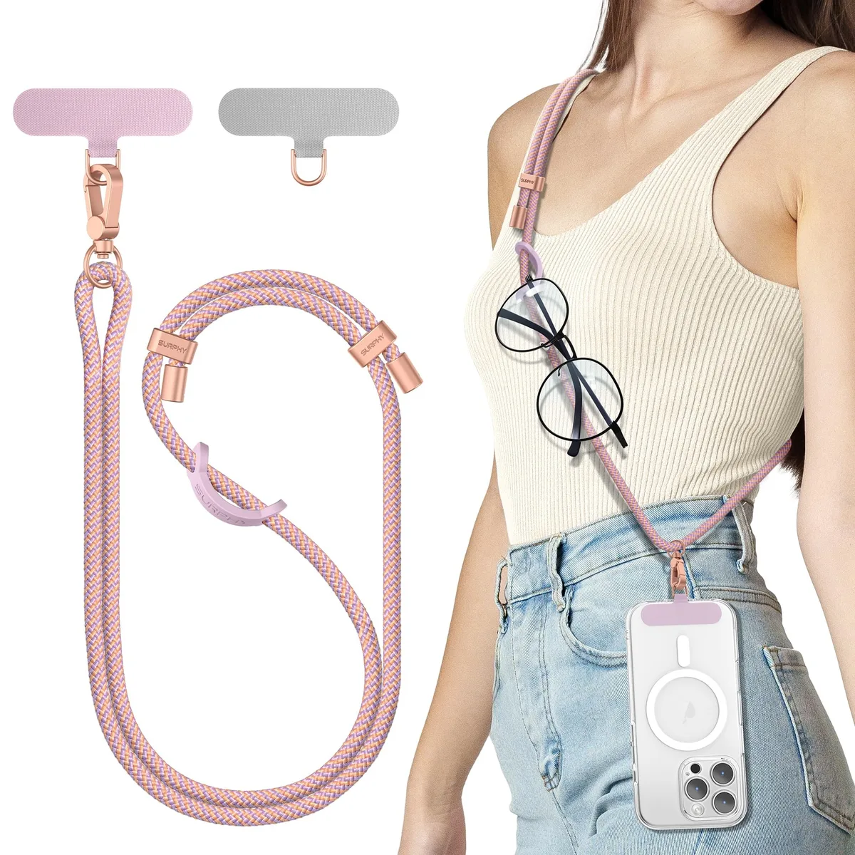 Braided pink and purple phone lanyard with metal buckles and tether tabs, adjustable length 16.9 to 32 inches