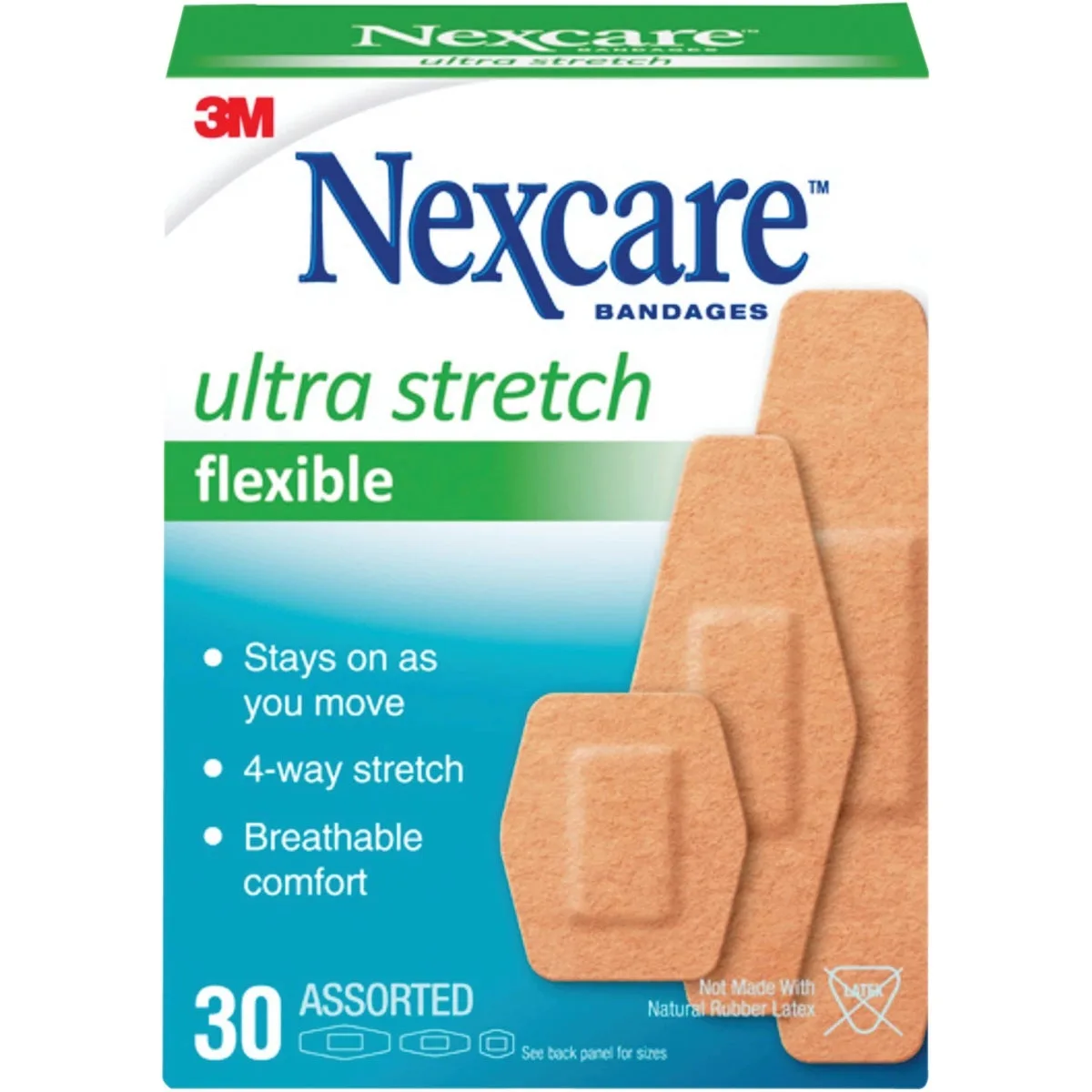 Box of 30 assorted stretch fabric bandages, new condition