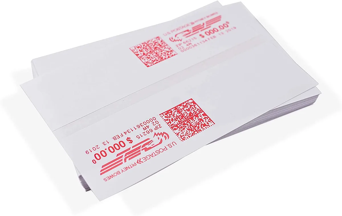Box of 150 white postage tape sheets, 300 labels total