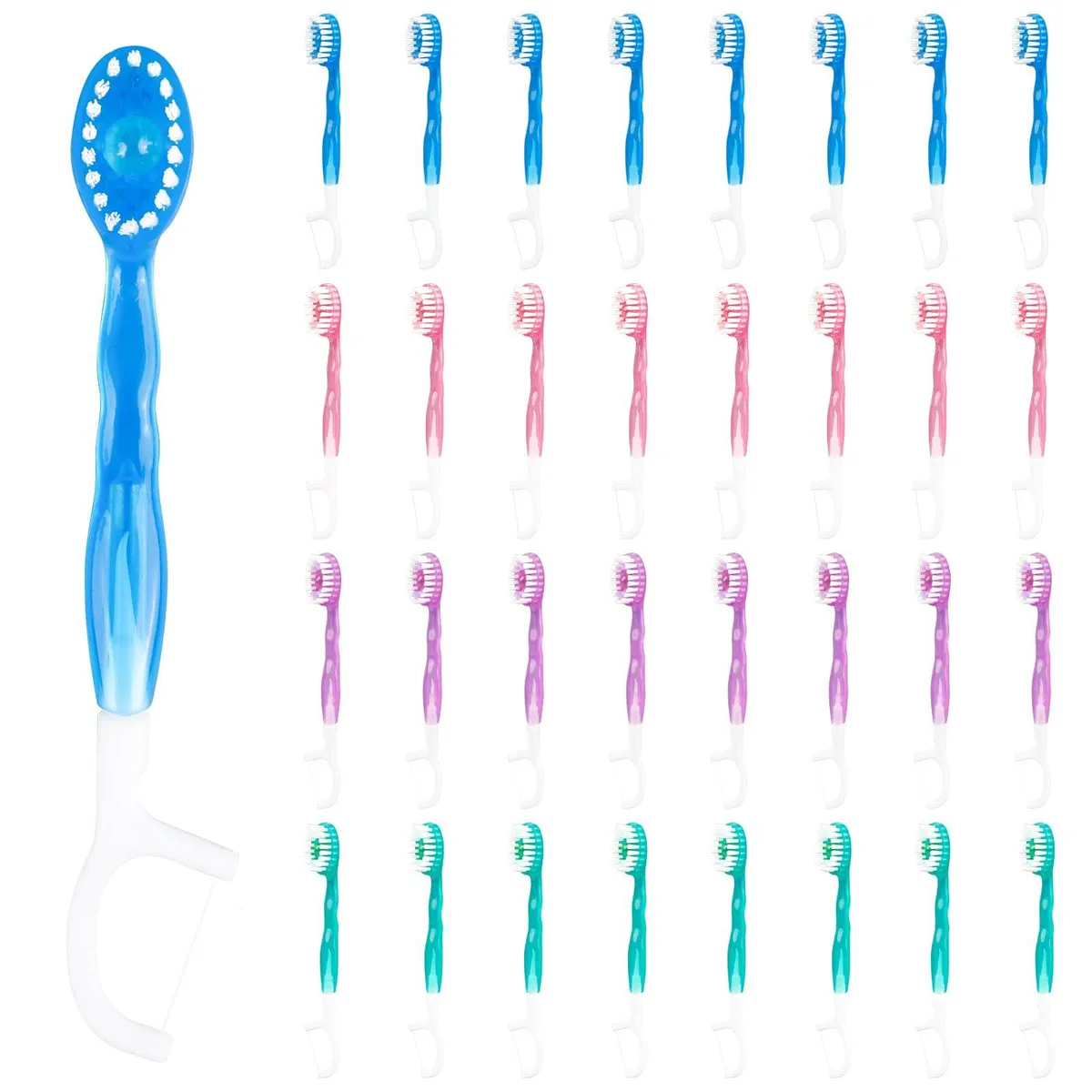 Box of 32 individually wrapped mini toothbrushes in four colors