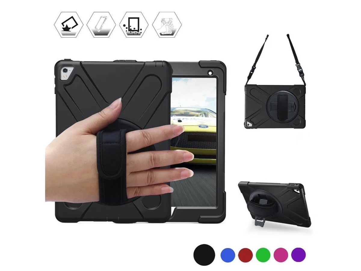 Black shockproof iPad Pro 9.7 inch case with rotating stand and straps