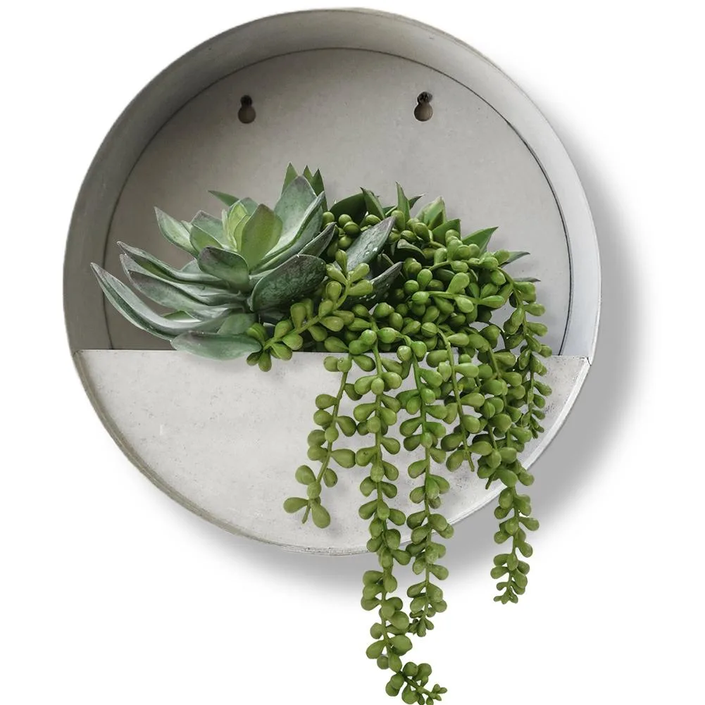 Round aged-zinc steel wall planter, 12" diameter, 3.7" deep