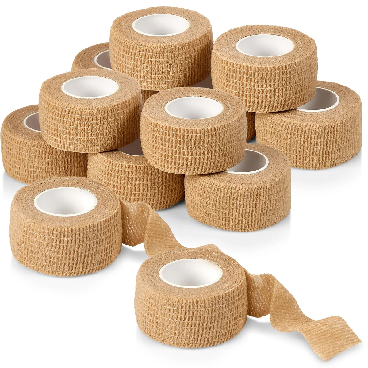 Twelve tan cohesive bandage rolls individually wrapped