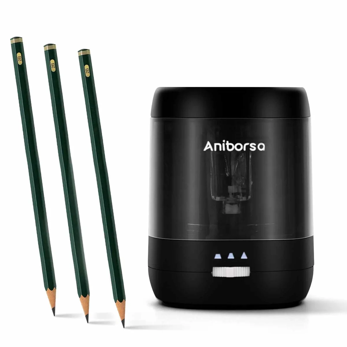 Black plastic electric pencil sharpener, USB and battery powered, compact rectangular shape