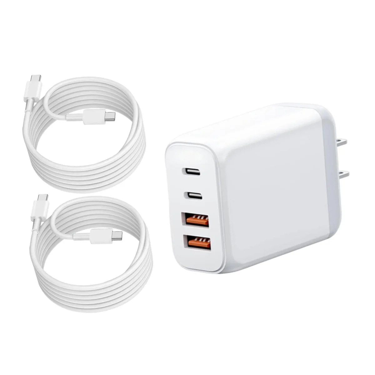 White 40W charger block with two USB-C and two USB-A ports plus cable