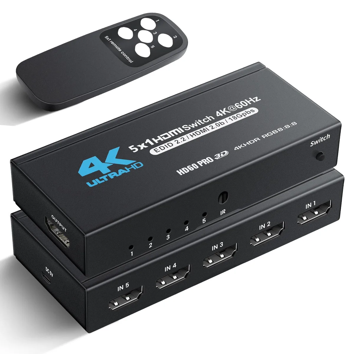 BUCIER BUCIER 5×1 HDMI Switch 4K@60Hz 18Gbps Type-C Charging 1.5m Cable IR Remote — product photo