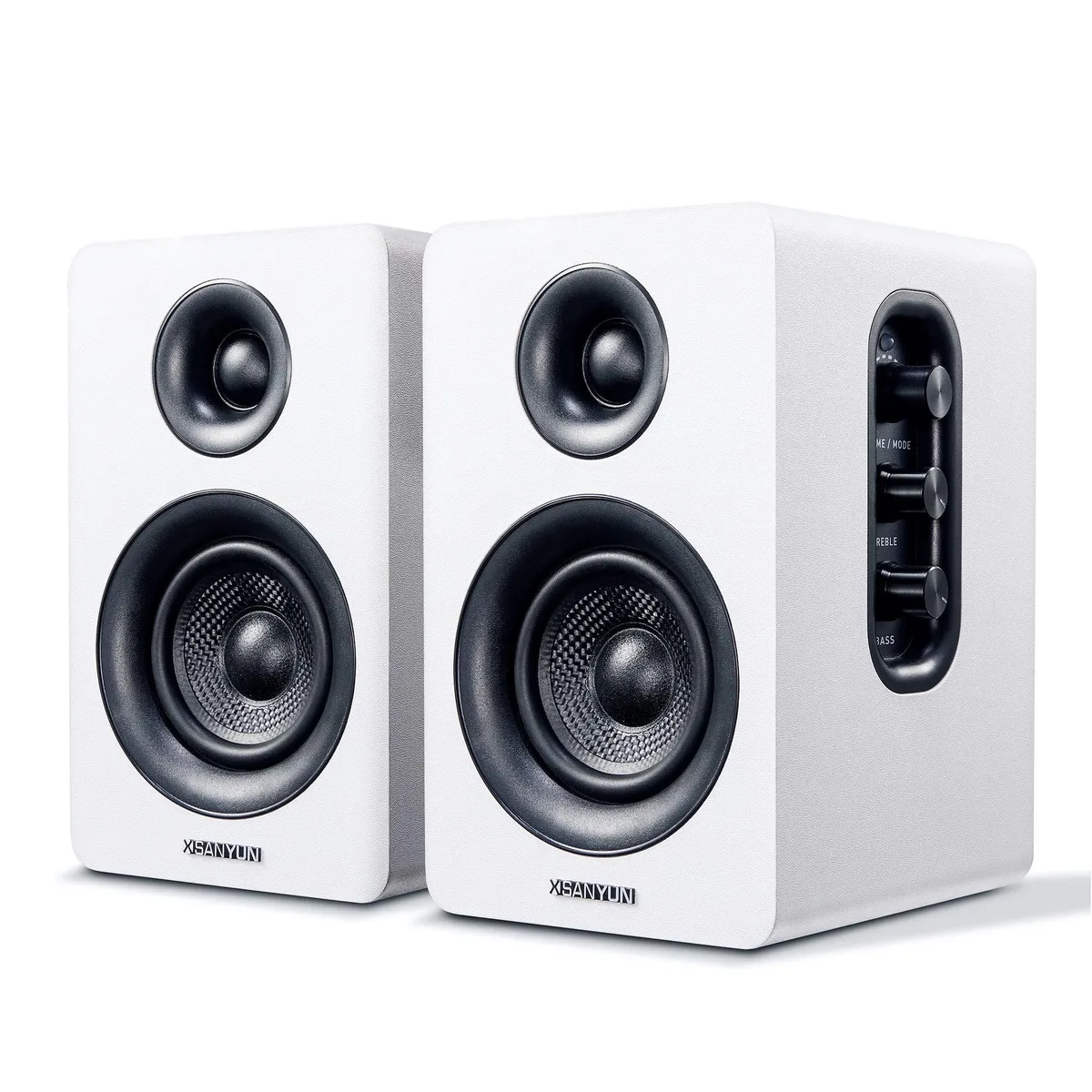 Pair of white wood bookshelf speakers with carbon-fiber drivers, side control knobs, Bluetooth 5.0 and USB DAC