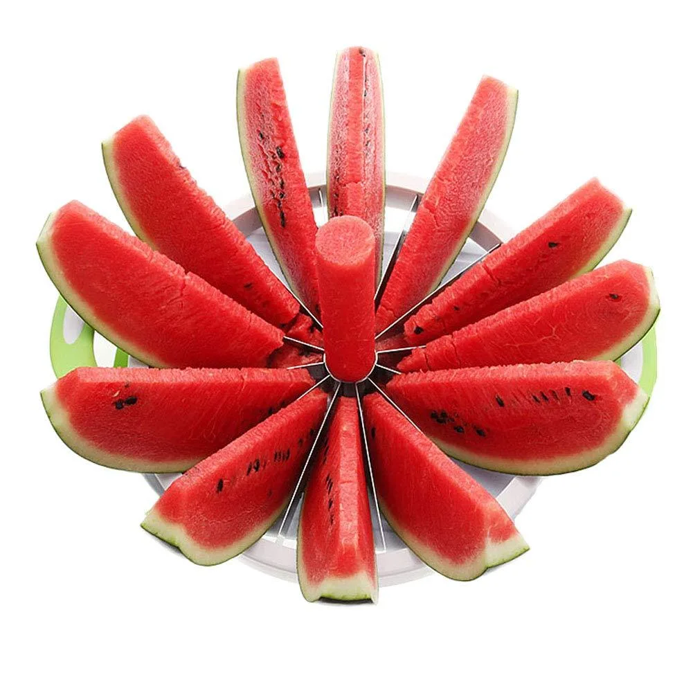 Red handheld 12-blade melon slicer with stainless steel blades and red frame