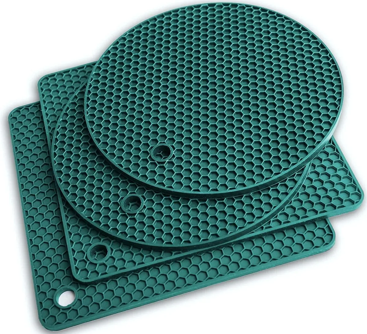 Four silicone mats, two round and two square, honeycomb pattern, light grey
