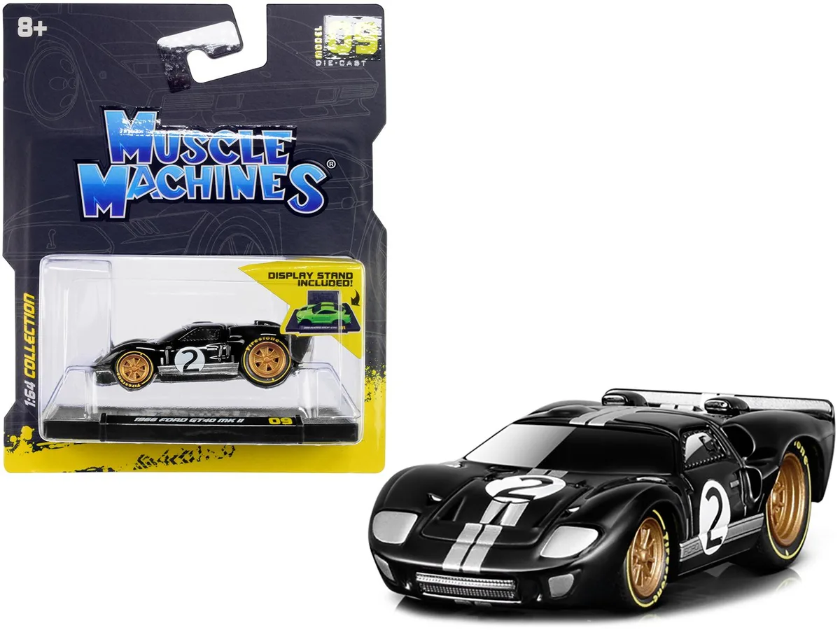 Muscle Machines Muscle Machines 1966 Ford GT40 MKII #2 Black Silver Stripes Gold Wheels 1/64 Diecast Hobby Collectible — product photo