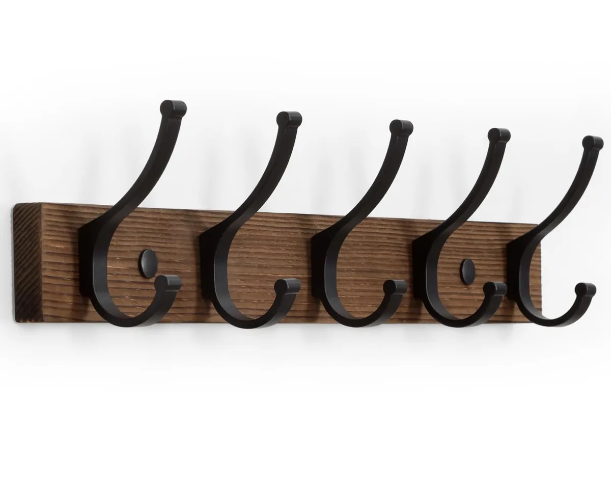 Wood coat rack, 16.5 inches long, five rounded metal hooks on brown finished board