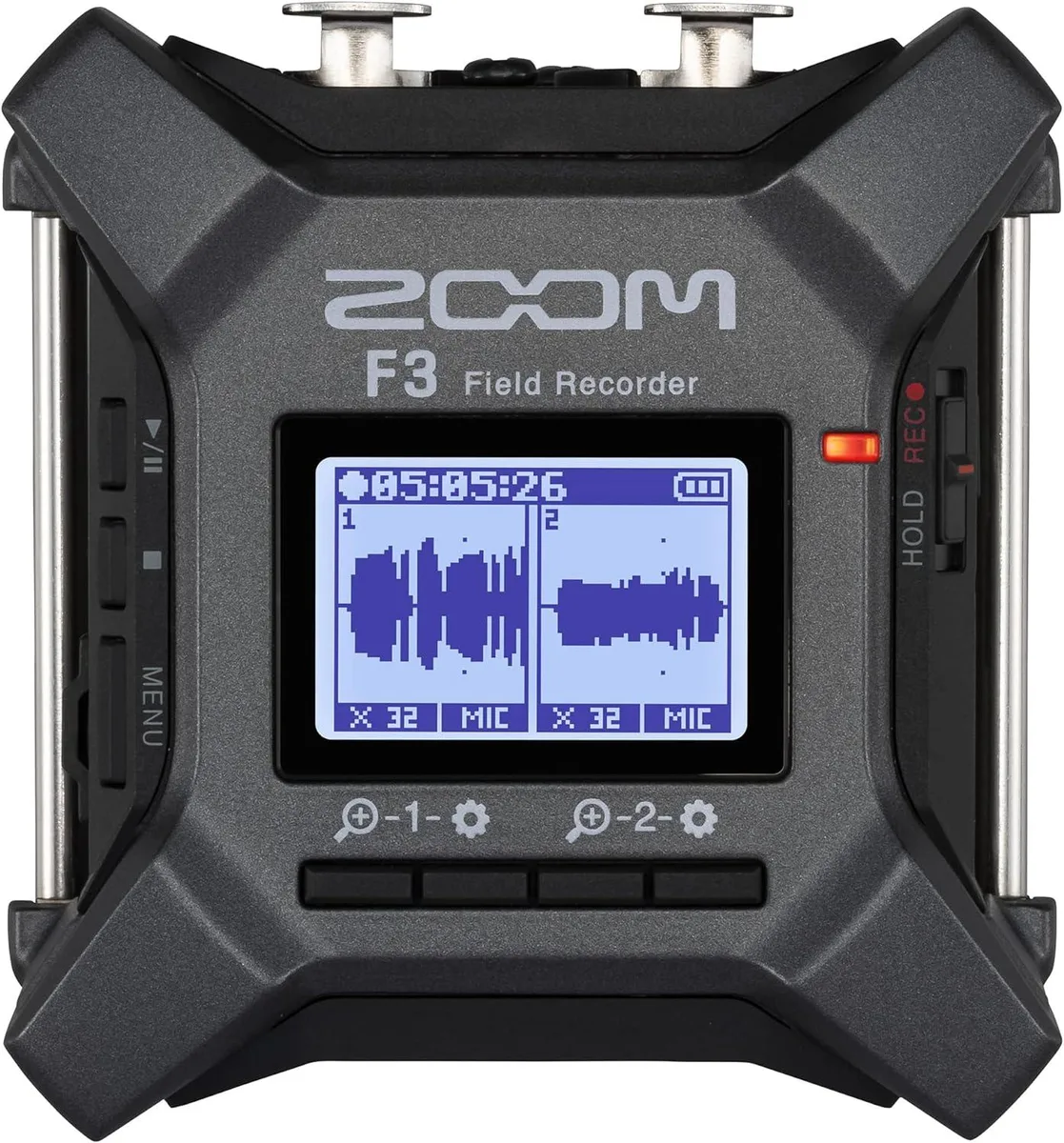 Compact metal field recorder with two locking XLR inputs and rubber feet
