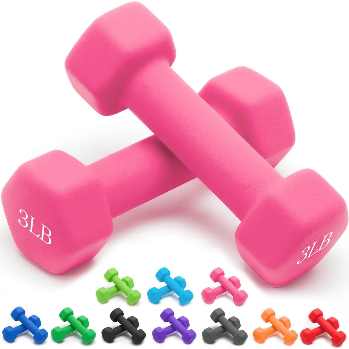 Pair of pink neoprene hex dumbbells, 3 lb each