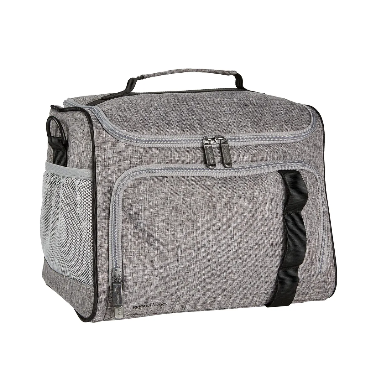 Black rectangular cooler bag with adjustable shoulder strap and mesh side pockets
