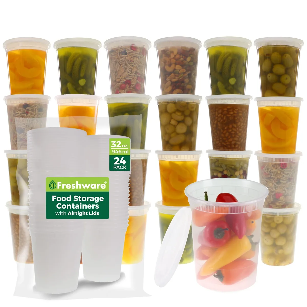 A set of 24 red 32 oz plastic food containers with matching lids, stacked together