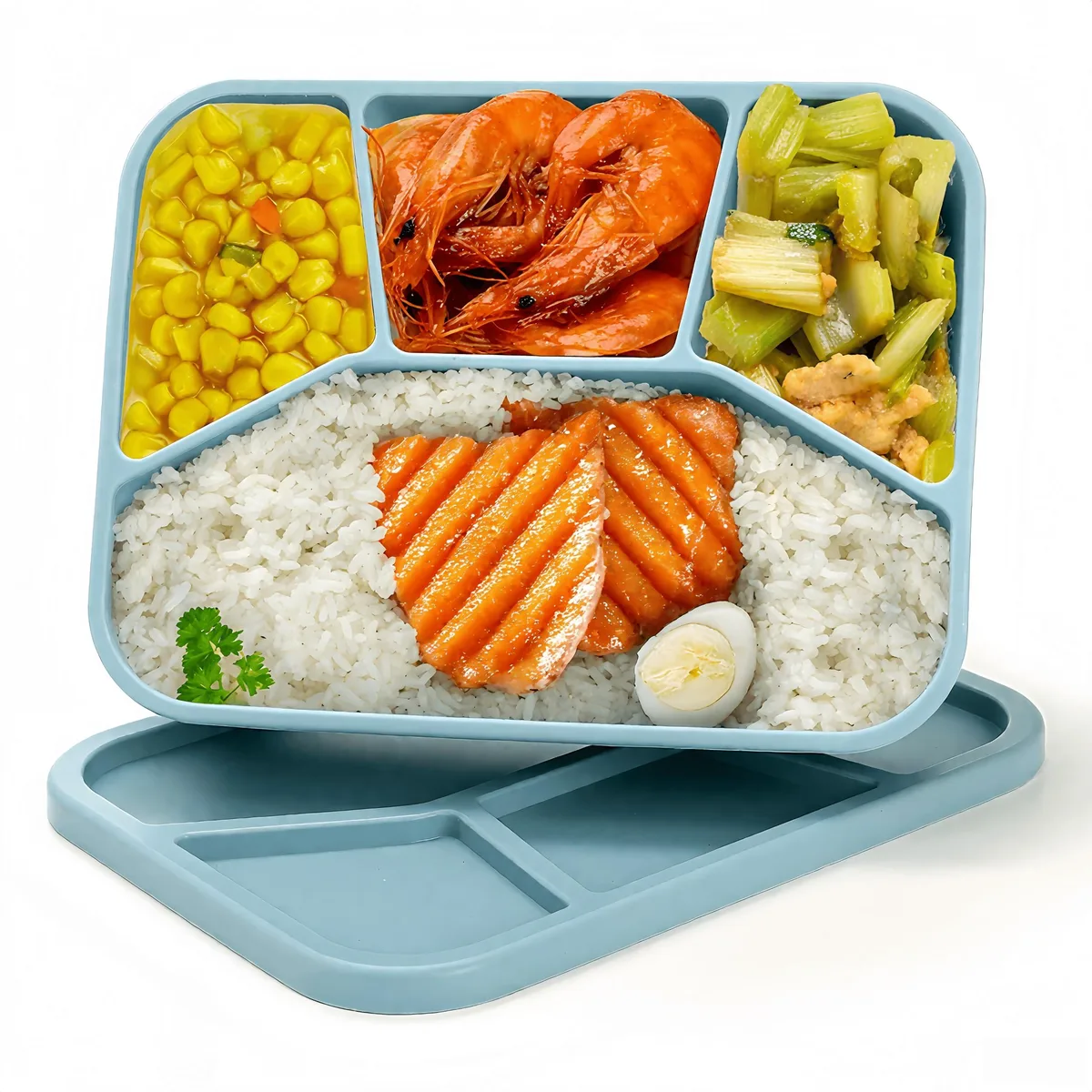 Red silicone bento box with four compartments and matching lid