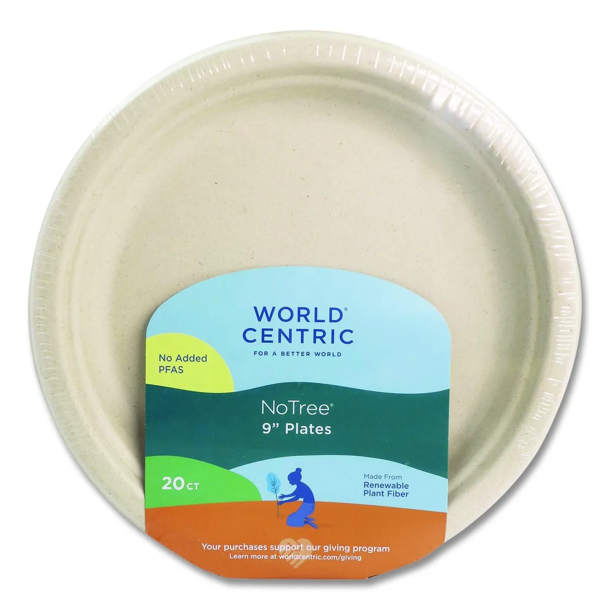 Pack of twenty unbleached plant-fiber round plates, nine-inch diameter, natural beige finish