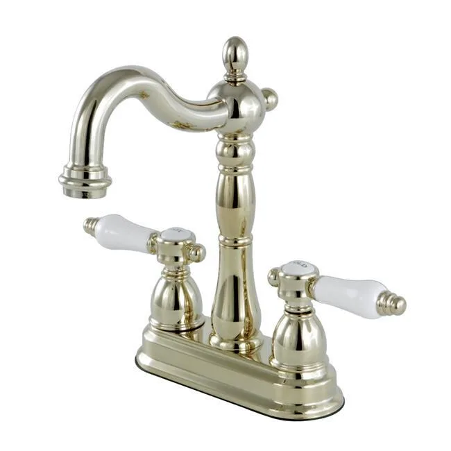 Polished brass centreset bar faucet with high arched spout and two lever handles