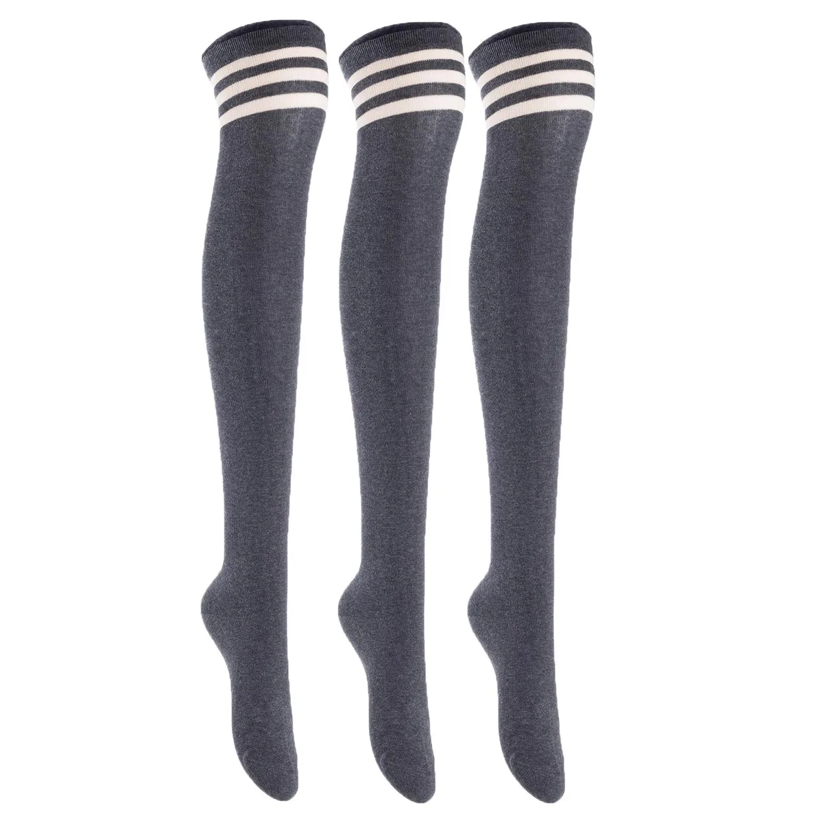 Dark grey thigh-high cotton socks, three pairs, smooth ribbed texture
