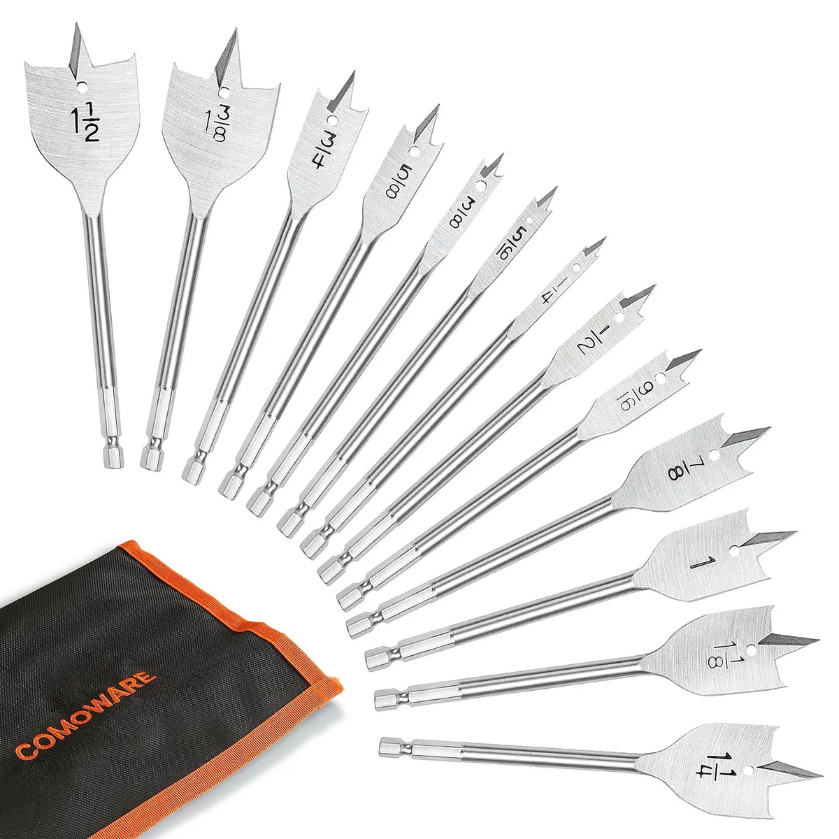 Thirteen sand-blasted carbon-steel spade bits with hex shanks in a nylon case