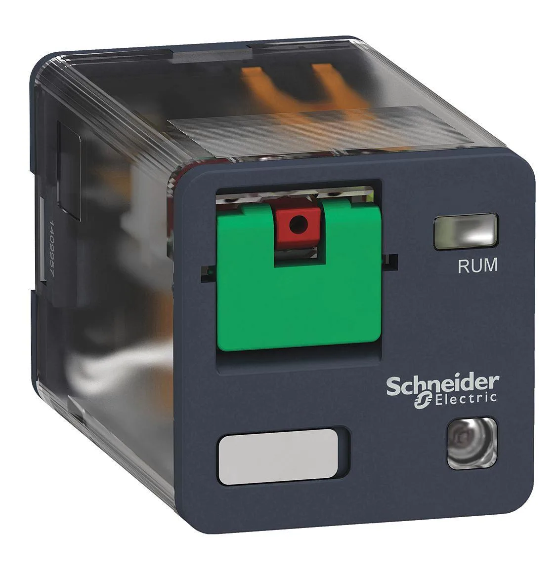 Square plug-in relay with 11 flat pins, enclosed body, LED indicator and lockable test button