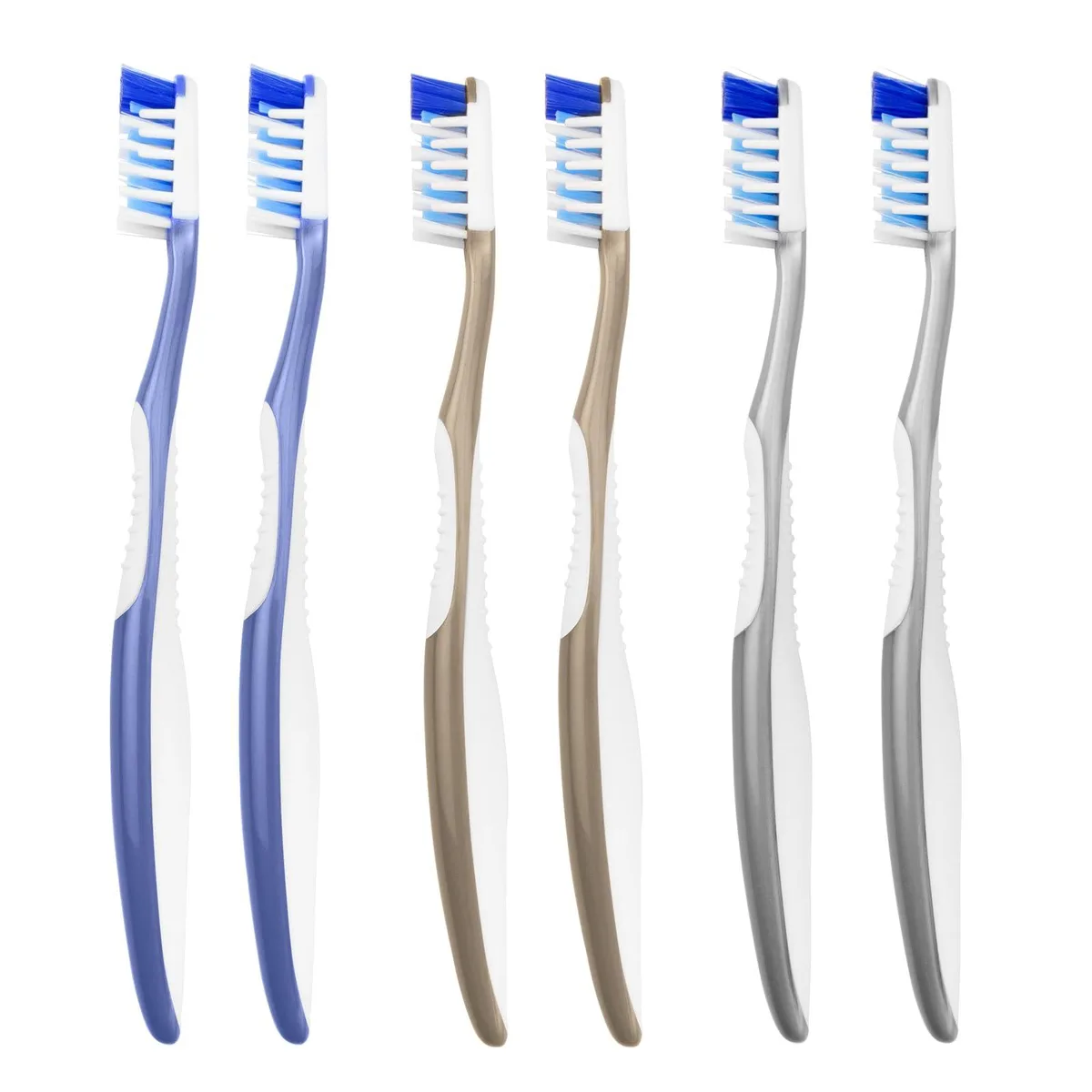 Six white manual toothbrushes with angled heads and gum stimulators