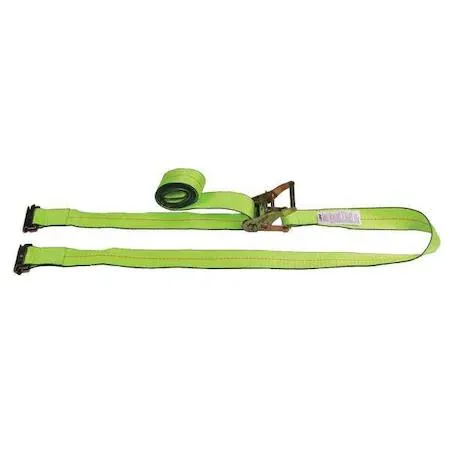 Green polyester ratchet strap, 20 ft long, 2 in wide, steel E-track end, 16 in fixed end