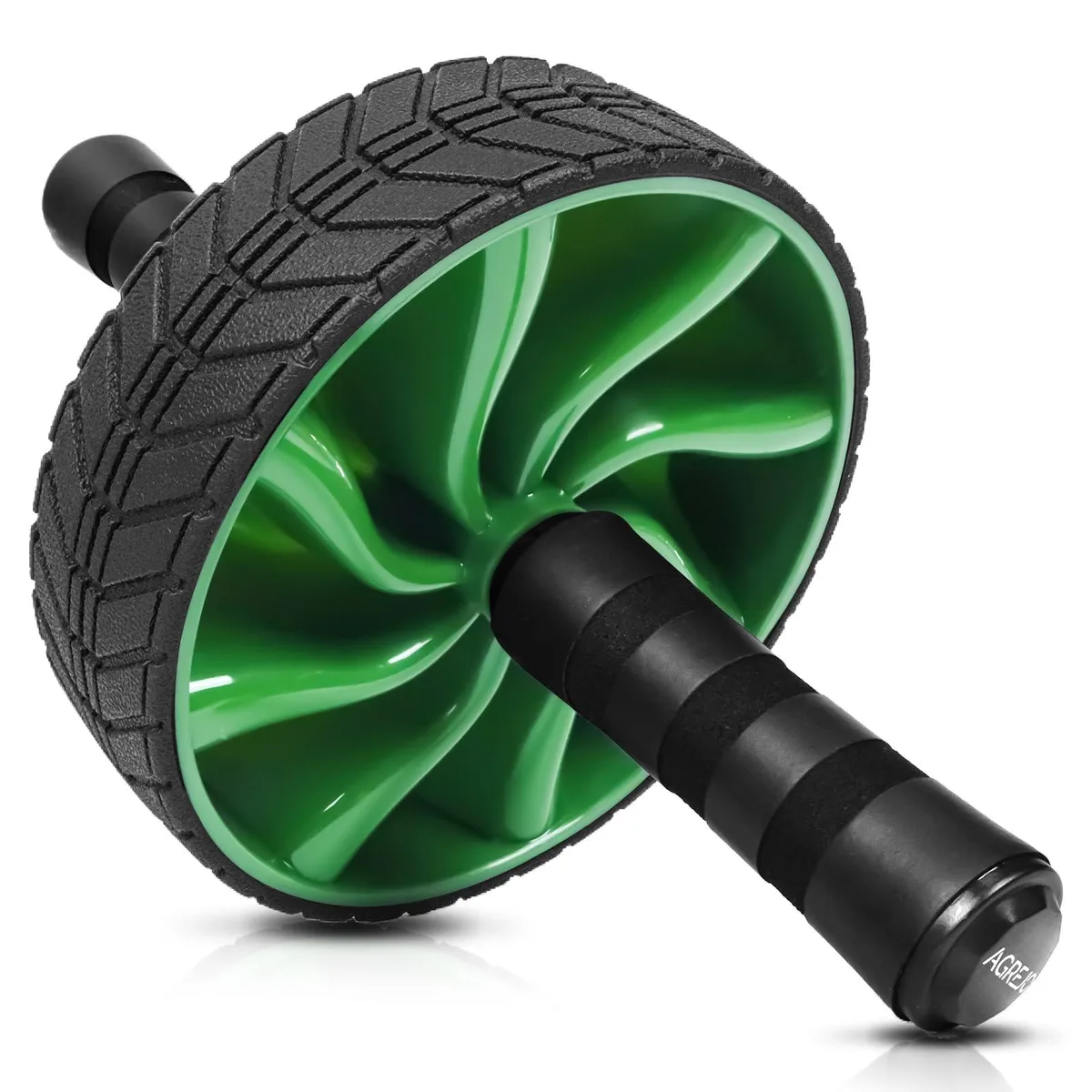 Green ab roller wheel, 1.97 inches wide, black handles with finger grooves