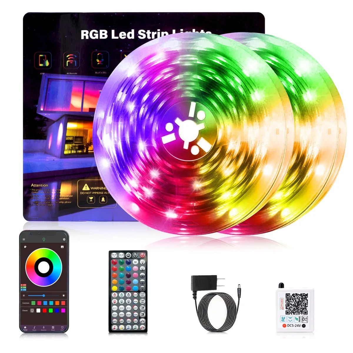 Two rolls of white LED strip lights with controller remote and power adapter