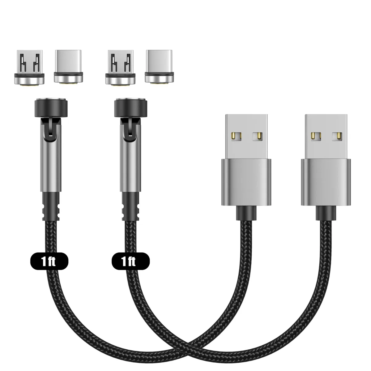 Two black magnetic cables with Micro-USB and USB-C connectors, 1ft length