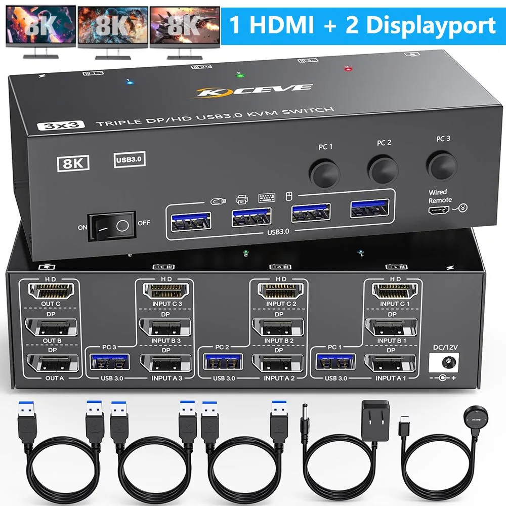 IHDAPP IHDAPP 4K@144Hz HDMI + 2 DP KVM Switch 3 Monitors 3 Computers — product photo