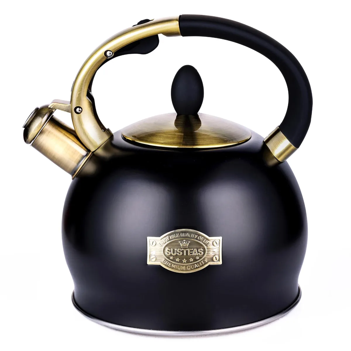 Black stainless steel whistling kettle with ergonomic push-button handle