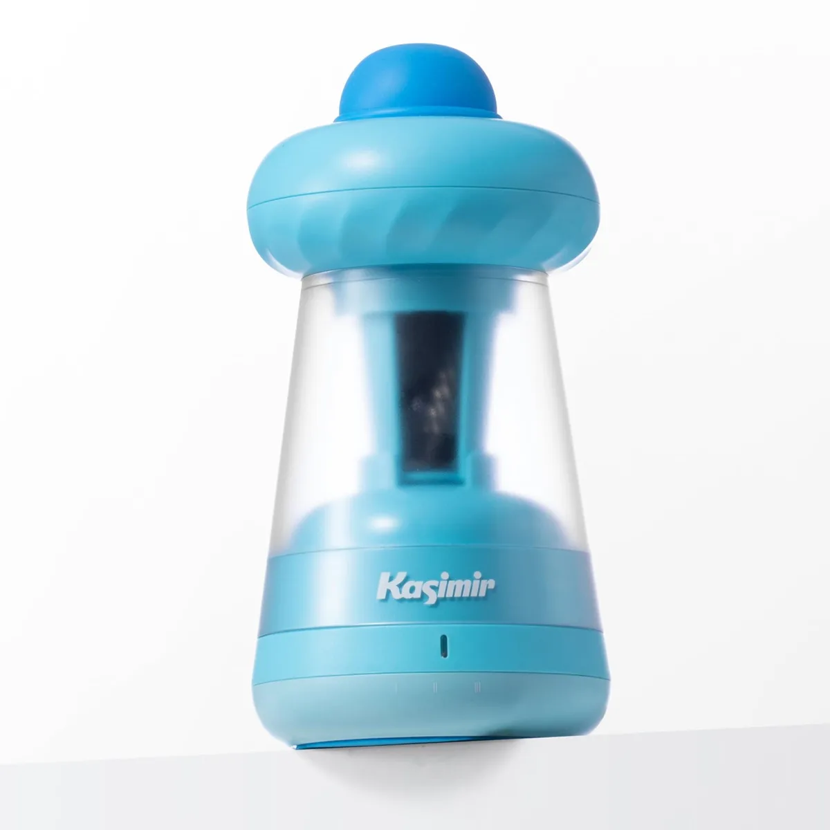 Blue electric pencil sharpener, compact rectangular shape, smooth matte finish