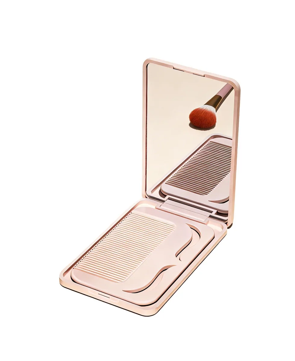 Pink rectangular folding mirror with built-in comb in protective case