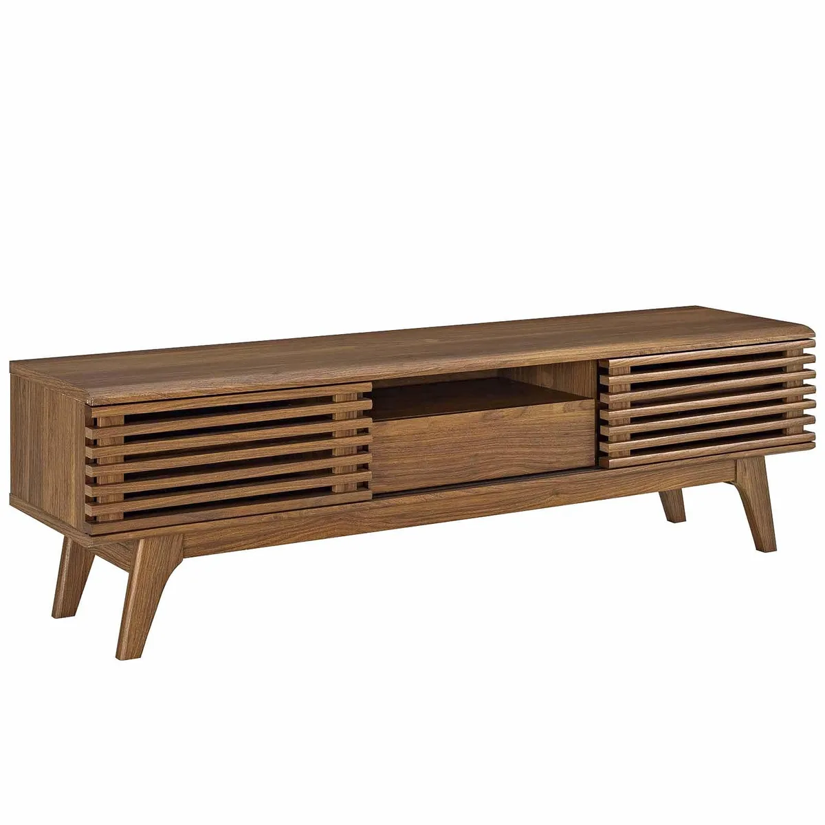 Walnut-finish TV stand, tapered legs, sliding slatted doors, center drawer, cable hole