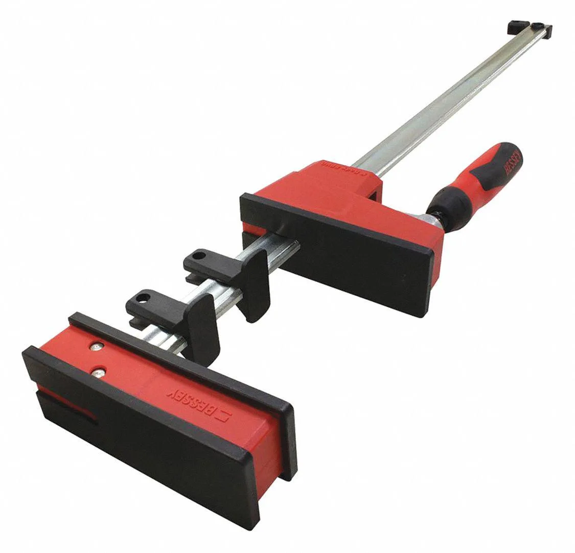 Silver steel parallel clamp with long bar and plastic handle, 31 inch jaw opening