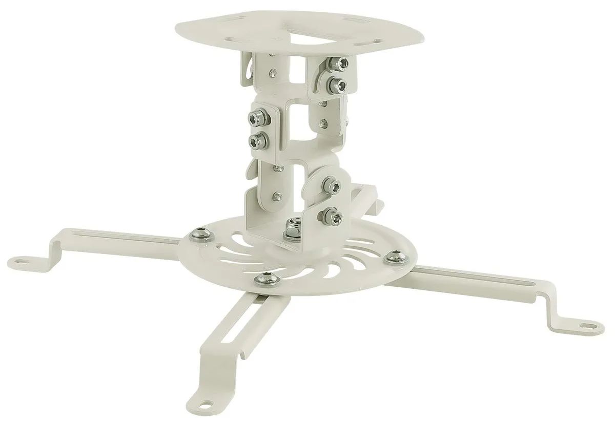 White painted steel ceiling projector mount, low profile with adjustable arms, 9 by 5.6 by 4.2 inches