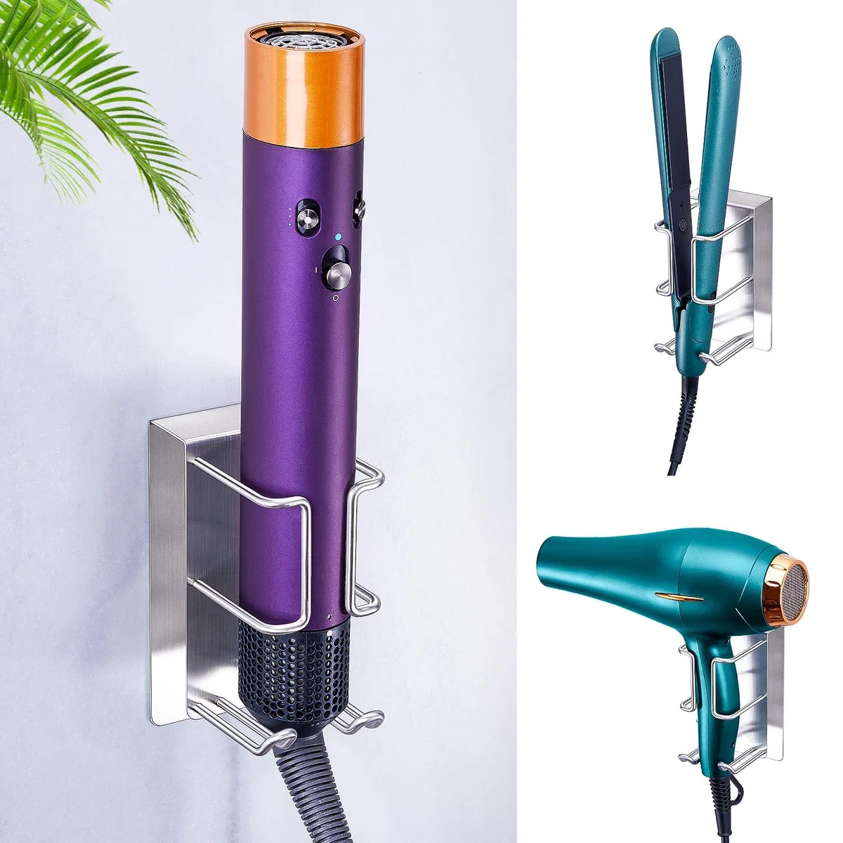 Silver stainless steel wall-mounted hair tool holder with open slots for straightener and dryer