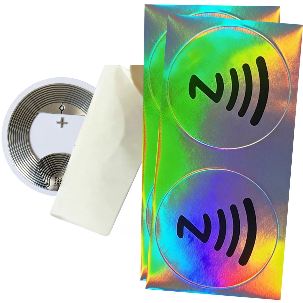 Roll of 24 pink holographic NFC stickers 25mm