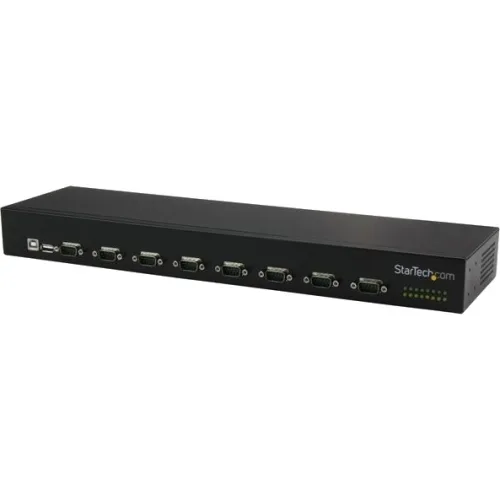 Black metal rack-mount box with eight DB9 ports and USB Type B input