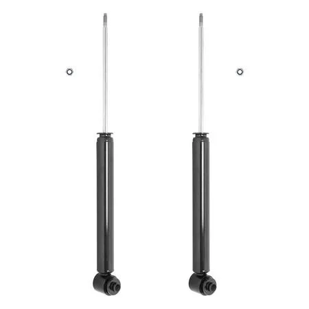 Two new rear shock absorbers in a kit, silver metal cylinders with black dust boots and mounting hardware