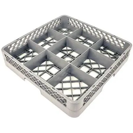 Gray plastic nine-compartment glass rack with full-height dividers