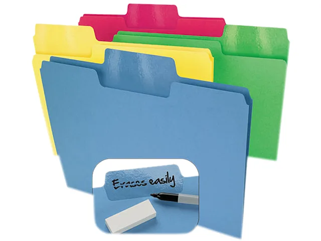 Pack of 24 coloured letter-size file folders with erasable tabs in assorted colours
