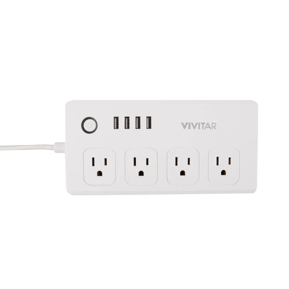White rectangular power strip with four outlets and four USB ports