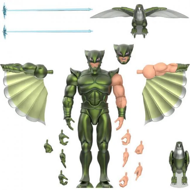 7-inch SilverHawks Flashback figure with wings, alternate heads, hands, Backlash sidekick and laser effects