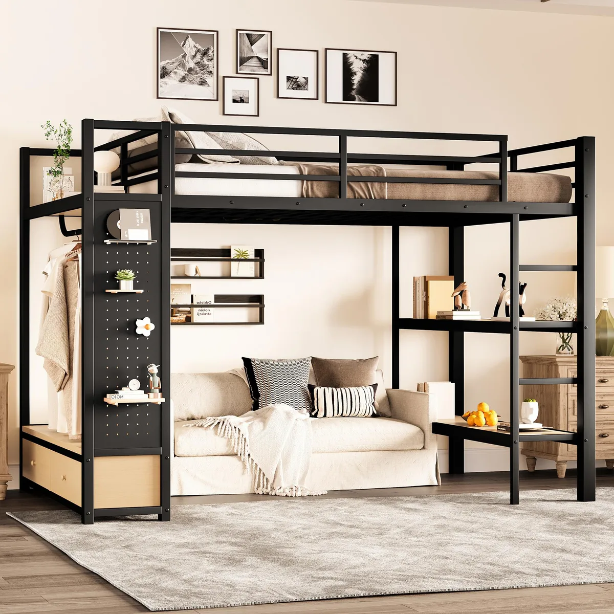 Black metal loft bed frame with integrated wardrobe and shelving