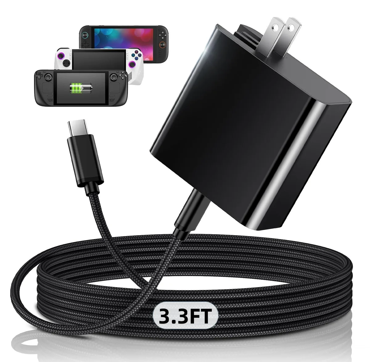 Compact white USB-C wall charger with foldable prongs and a 3.3ft braided cable