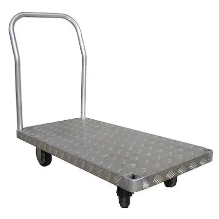 Silver aluminium platform truck with ribbed deck and raised handle, 48 by 30 inches