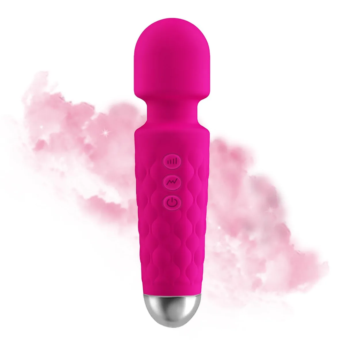 Small rose-pink silicone wand massager with rounded tip, compact and lightweight