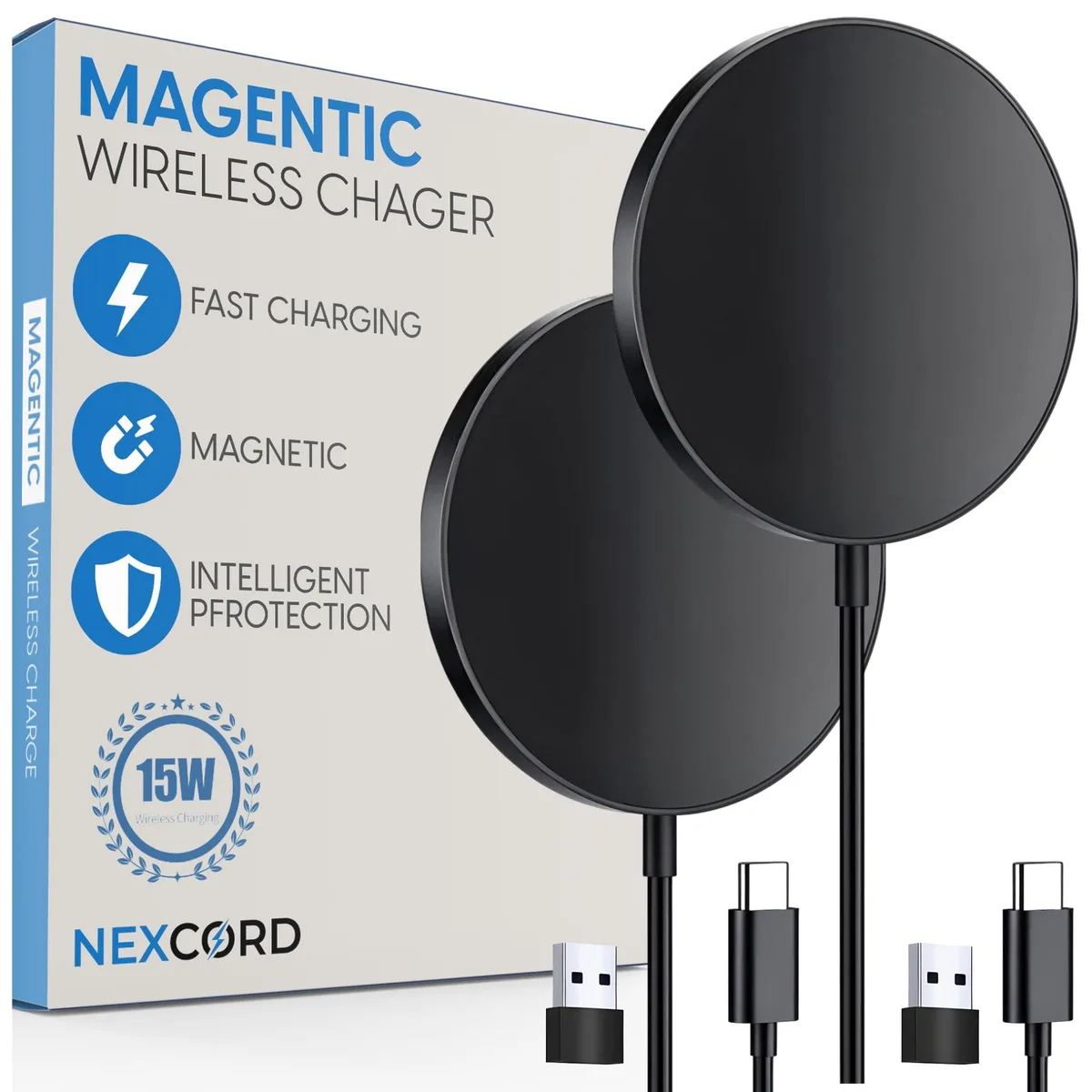 Two black magnetic wireless charging pads side by side